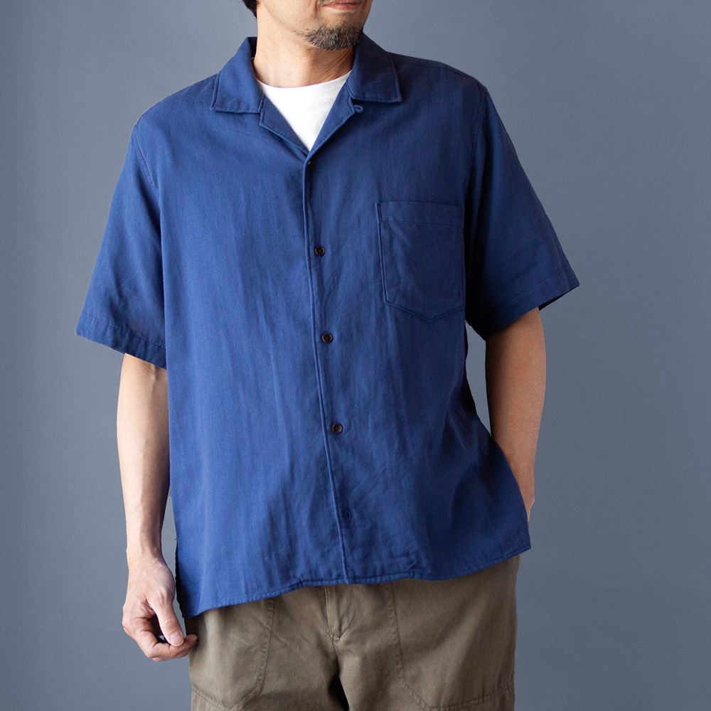 ORGANIC W-GUAZE OPEN COLLAR S/S SHIRTS｜BLUE